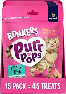 Bonkers Purrpops, Freeze Tip Top Tuna Flavor Lollipop Cat Treats, Healthy Single Ingredient Treats, Training Treats or Food Topper, for All Breeds and Ages, Value Pack (13 Pack 45 Treats)