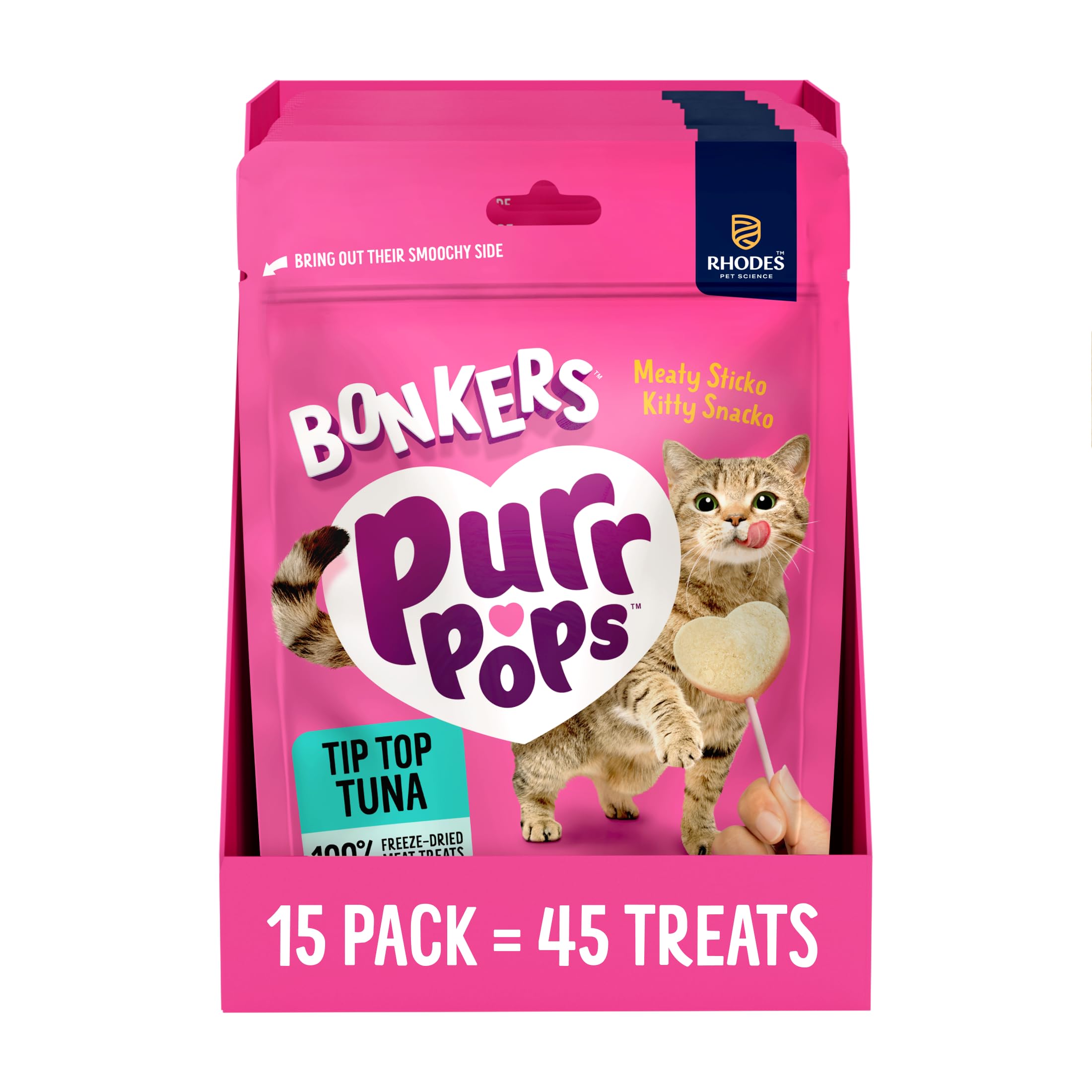 Bonkers Purrpops, Freeze Dried Tuna Flavored Lollipop Cat Treats, 15 Packs of 3 (45 Treats)