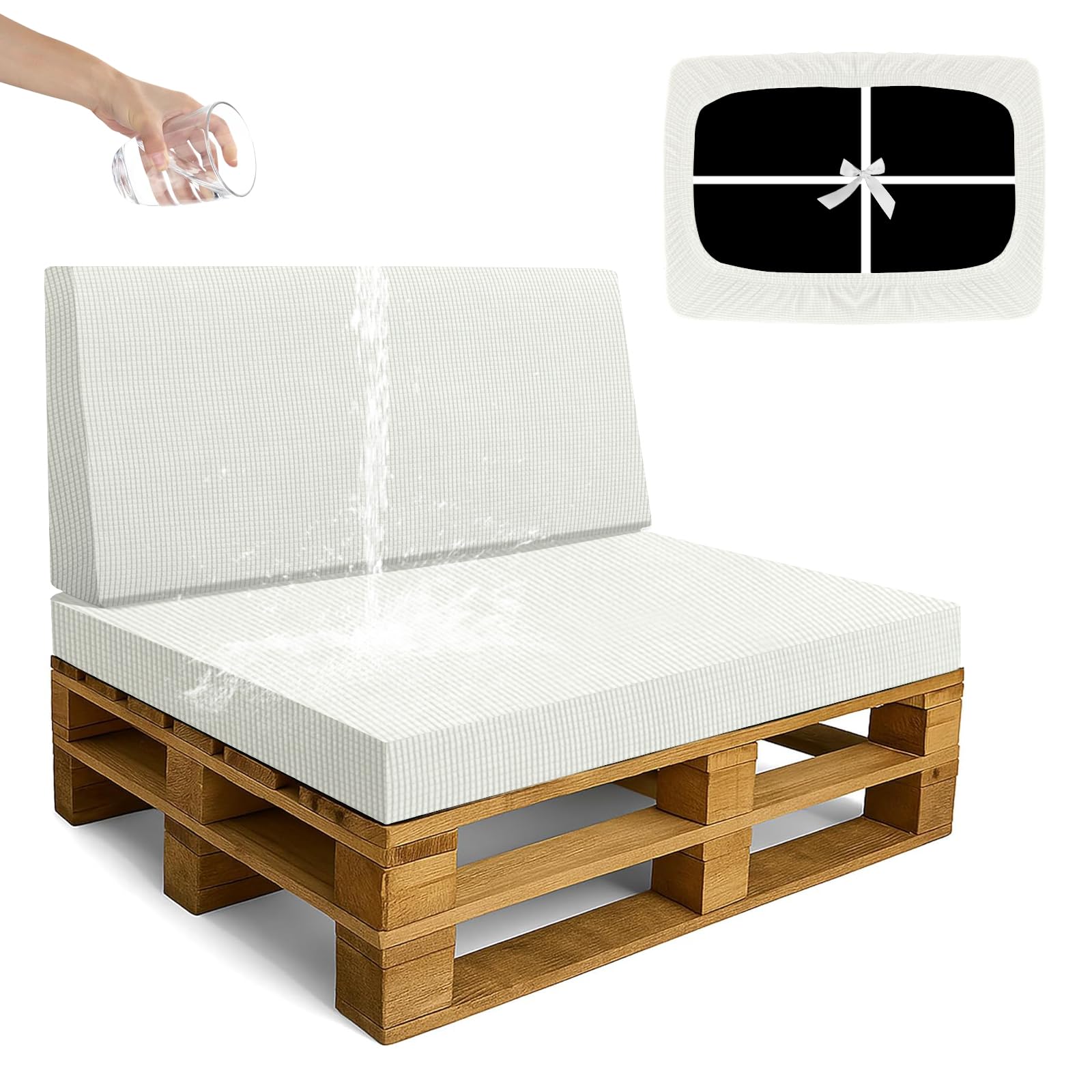 SYLC Waterproof Pallet Cushions Covers, Stretch Cover for Pallet Furniture Cushions with 4 Ties, Outdoor Corner Sofa Covers for Rattan Patio Garden Caravan (Ivory,2 PCS(1 Seat+1 Back))