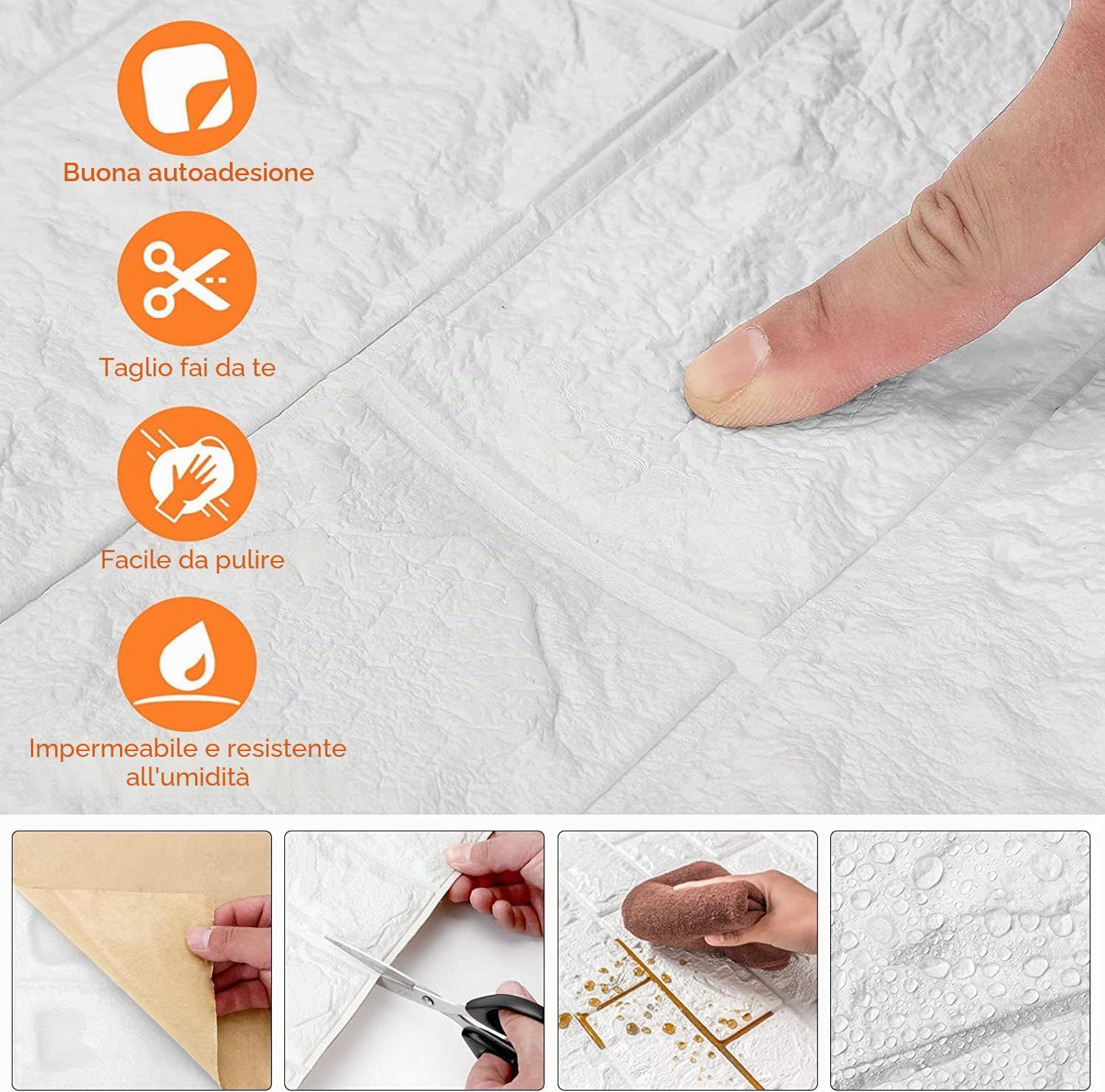 Grace Baltic - 10 pannelli da parete 3D, autoadesivi, effetto pietra, 77 x 70 cm, spessore: 5 mm (bianco)