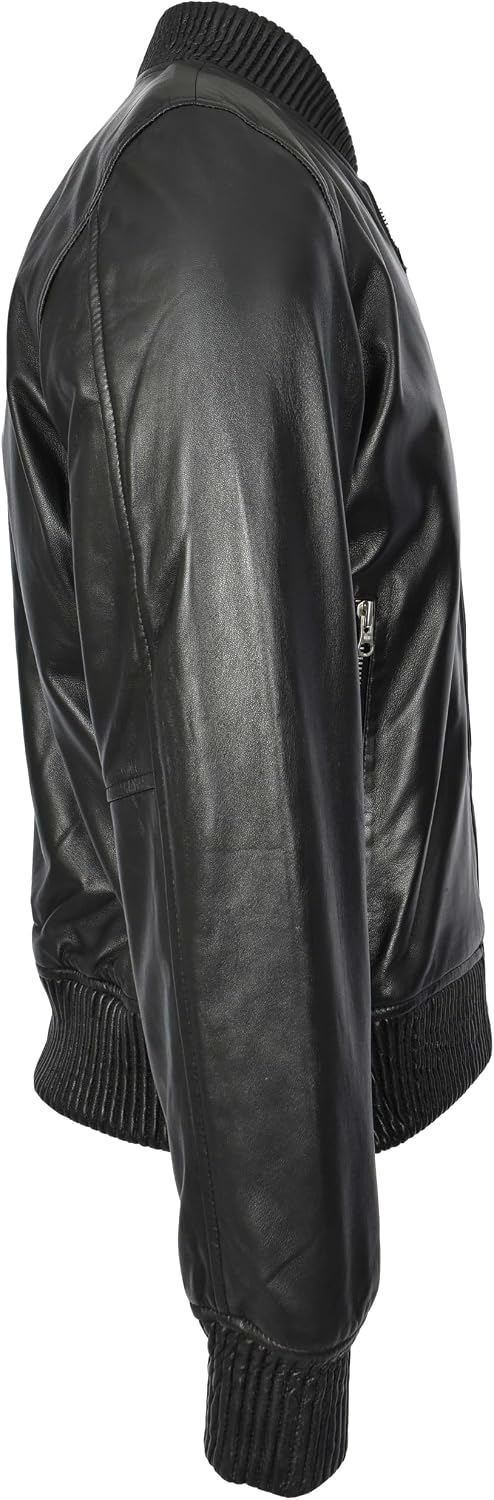 Mens Real Soft Leather Bomber Jacket MA-1 Varsity Style Torque Black