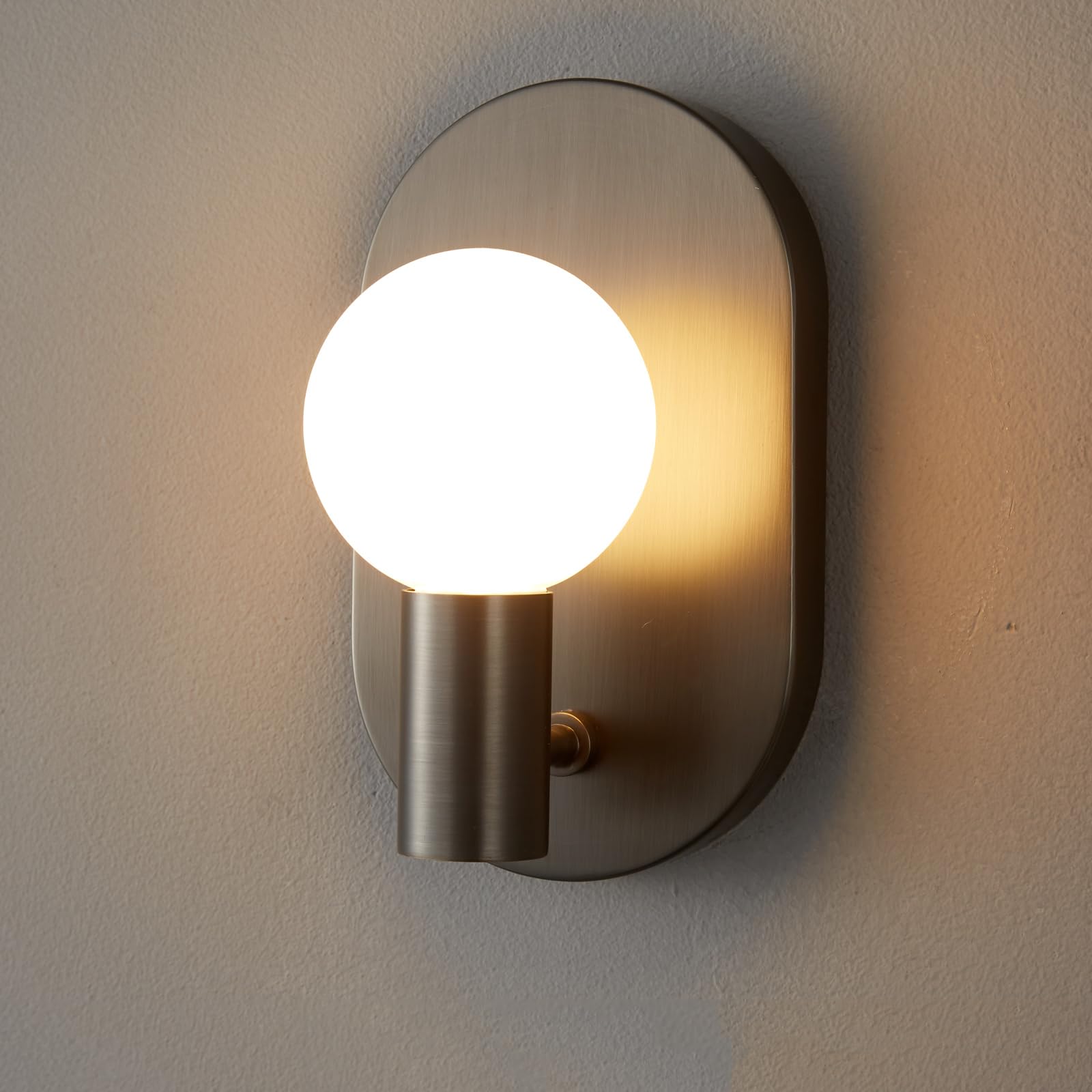 SXSCARKX Modern Brass Wall Sconce with White Glass Globe - Minimalist Oval Base, Elegant Ambient Lighting for Bedroom, Hallway, Bathroom, Entryway | Mid-Century & Scandinavian Style Decor (