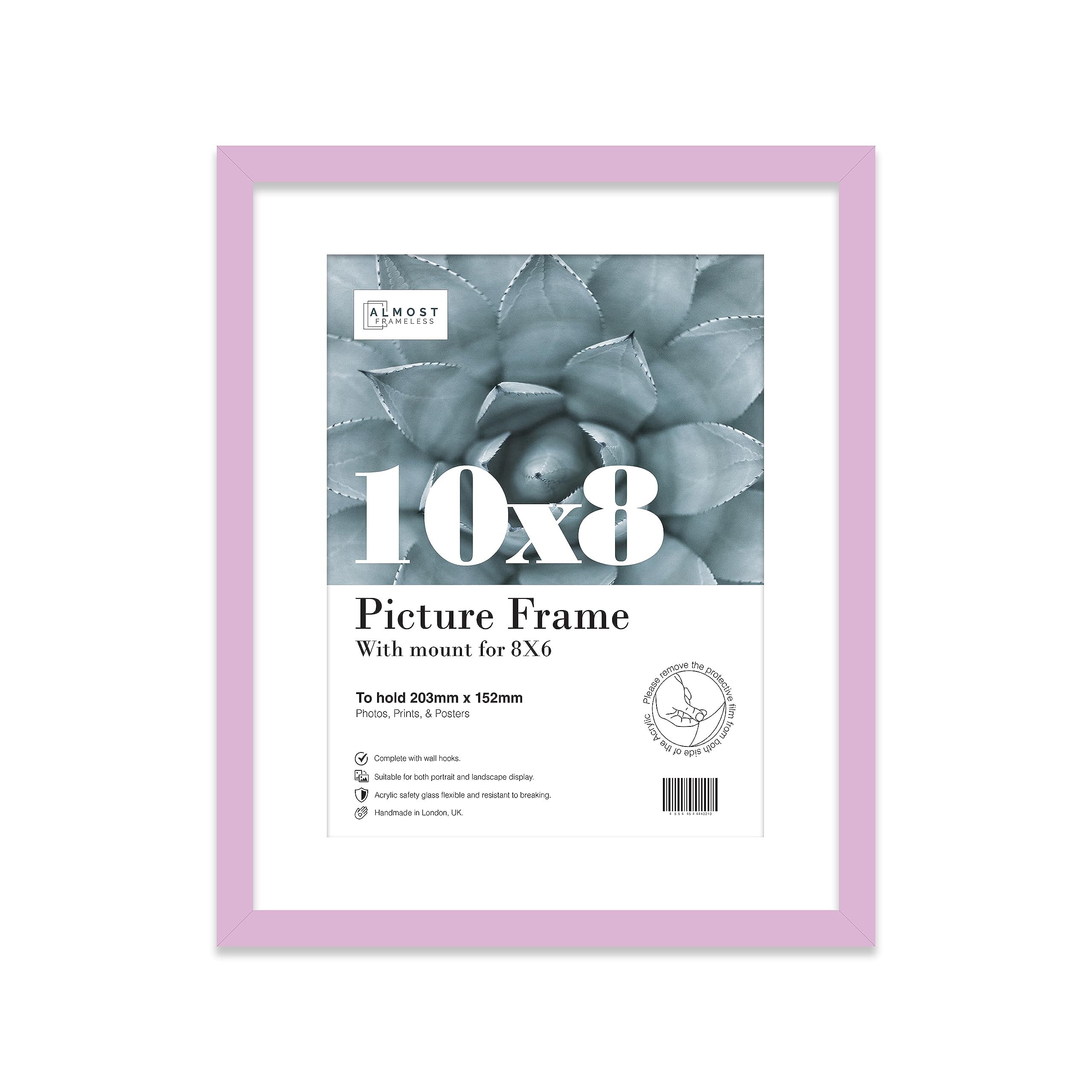 Almost Frameless 10x8 Lilac Picture Frame With Mount for 8x6 Print, Poster or Photo Poster, Photo, Artwork, or Print. Thin Edge Slim Frame Portrait and Landscape Display with Wall Hooks