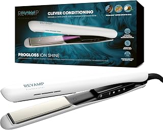 REVAMP Plancha de Pelo de Cerámica Progloss Ion Shine, Tecnología Iónica para Peinados sin Encrespamiento, con Aceites Suaves Progloss de Queratina, Argán y Coco, Calor Variable, Blanca
