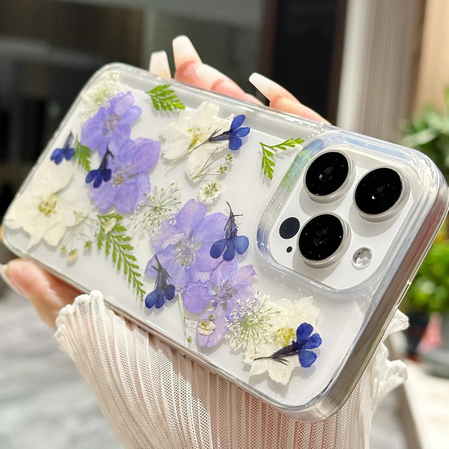Clear Floral Case for iPhone 15 Pro Max,Cute Pressed Dried Real Flowers Design Purple White Floral Soft Silicone TPU Bumper Shockproof Women Girls Protective Case for iPhone 15 Pro Max - Image 5