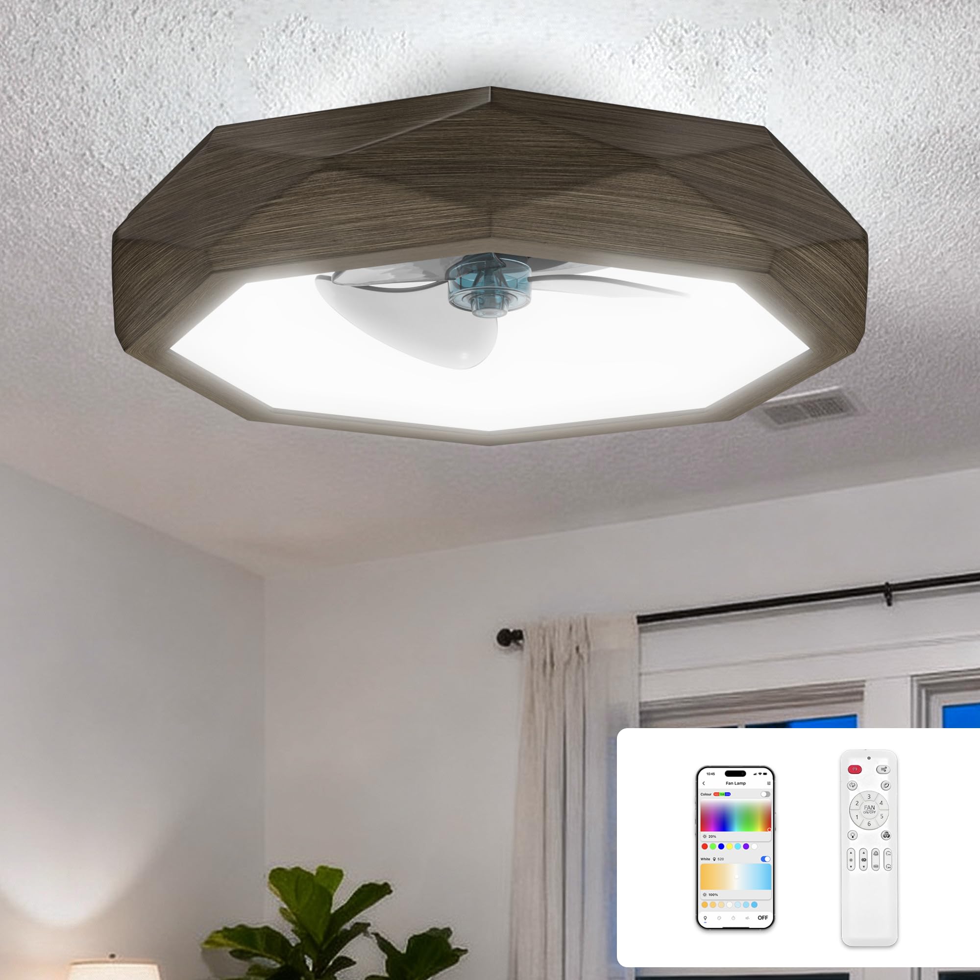 22'' LED Ceiling Fan with Lights and Remote, RGB Ceiling Fan with Smart APP/Remote Control, Bedroom Flush Mount Ceiling Fans, Walnut Wood Grain Bladeless Ceiling Fans