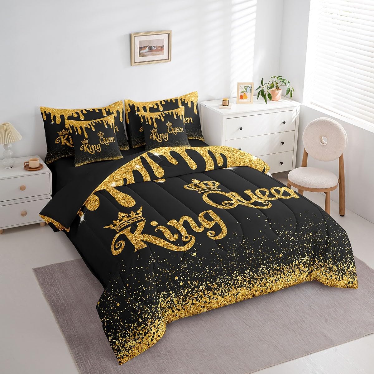 King and Queen Comforter Set in a Bag 7 Pieces,Diamond Gold Sequin Fluid Art Bed Set Twin,Modern Fashion Style Bedding Sets,(1 Comforter,2 Pillowcase,2 Pillow Covers,1 Flat Sheet,1 Fitted Sheet)