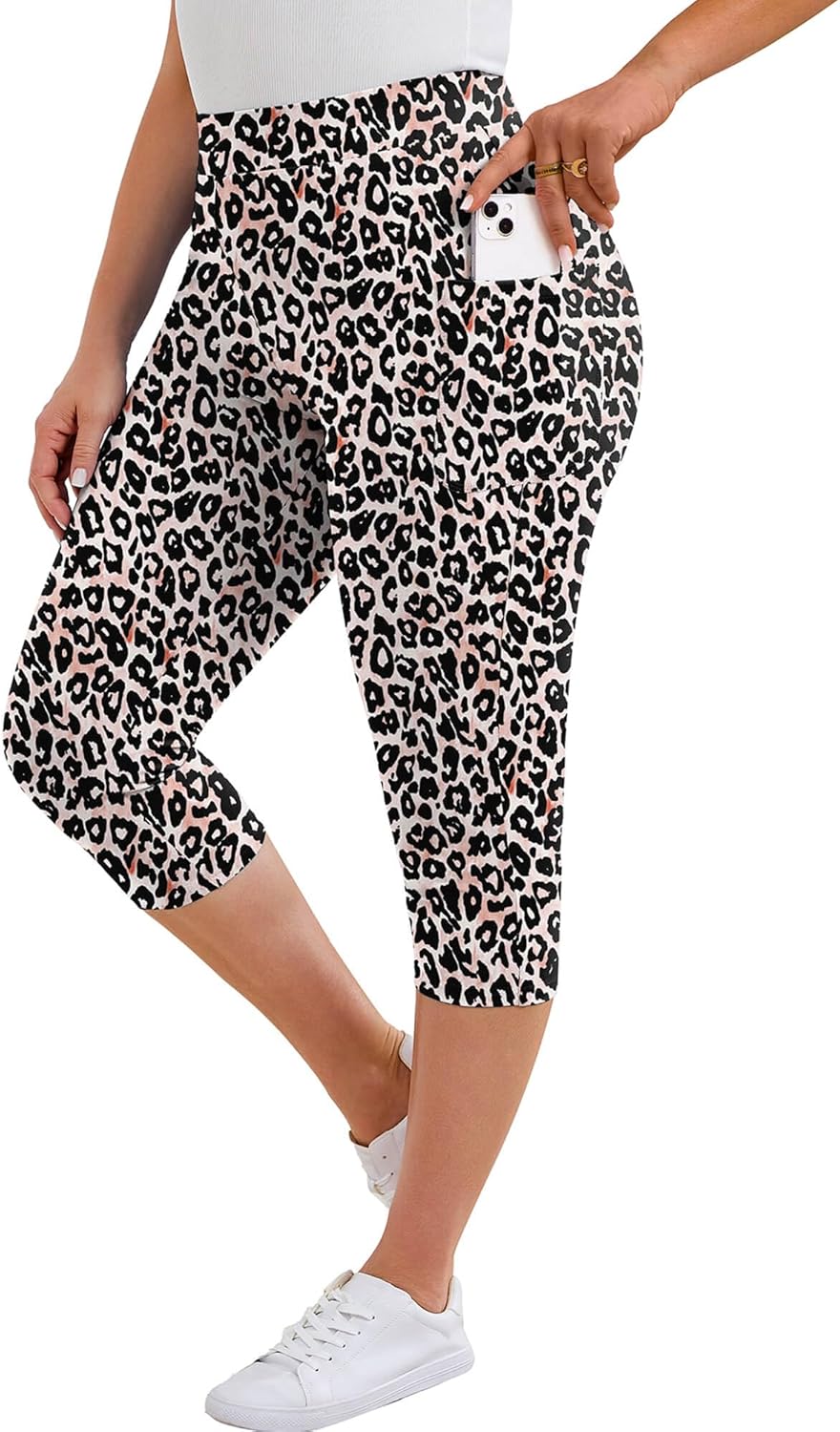 AusLook Plus Size Capri Leggings for Women with Pockets High Waisted Tummy Control Cropped Leggings Casual Stretch Pant 1X-5X