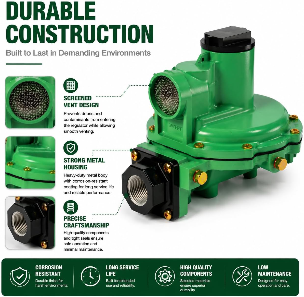 LP Gas Regulator Compatible with R622-CFF, 2 Stage Propane Regulator | 9"-13" WC, 1/2" x 3/4" FNPT, 1,400,000 BTU. R622-CFF Propane Regulator For Residential and Commercial Liquefied Gas Systems