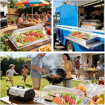 Ice Food Serving Display Tray with Clear Roll Top Cover Buffet Cold Serving Cooler Platter w/ 2 Ice Packs Cooling Food Dishes Display Plate Case with Lid for Seafood Fruit Party Buffet Tray