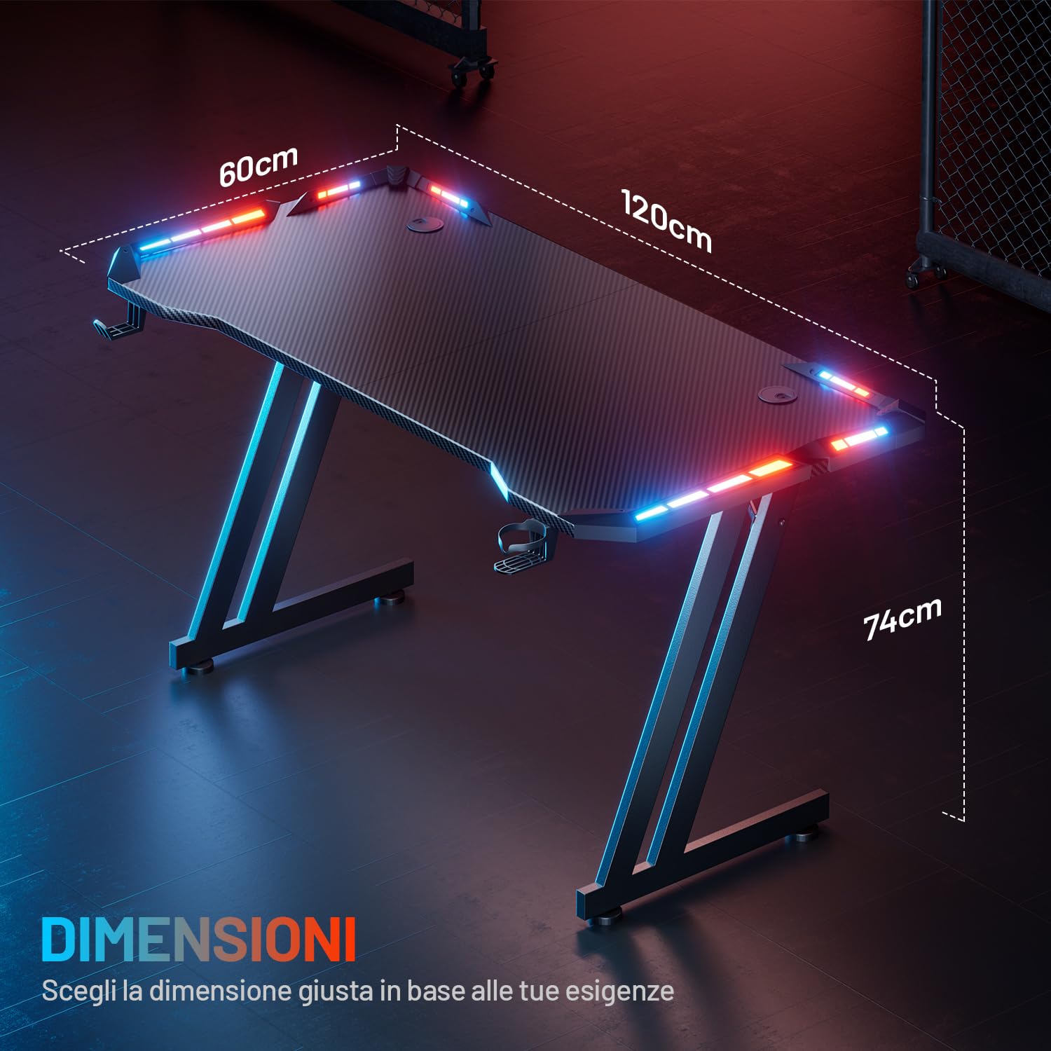 HLFURNIEU Scrivania Gaming LED, 120 x 60 cm Tavolo Gaming Ergonomica, Postazione Gamer con Portabicchieri e Gancio per Cuffie, Scrivania con Gamer Superficie in Fibra di Carbonio, Nero