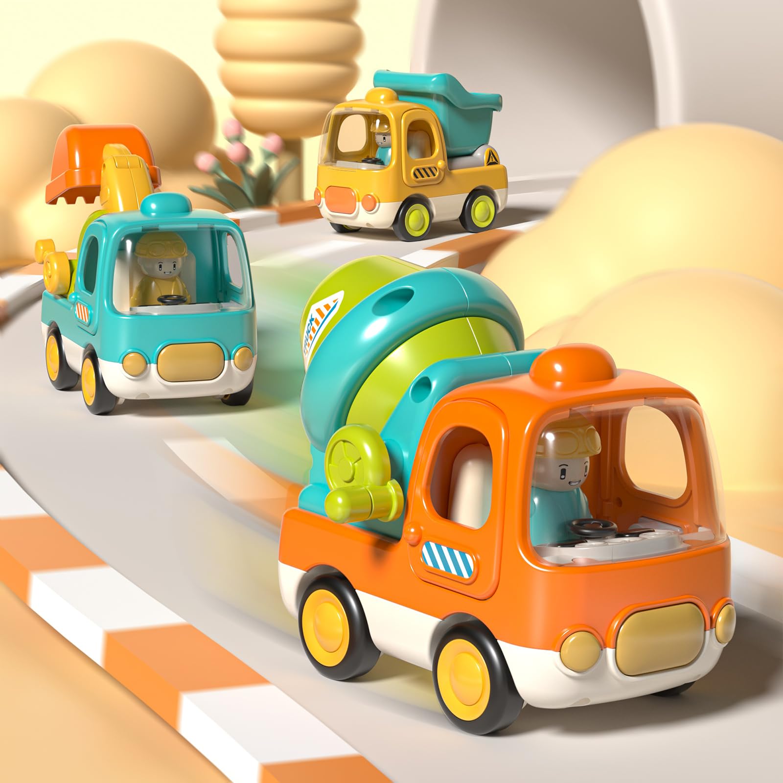 Juguetes para bebés de 1, 2, 3 años, construcción accionada por fricción, paquete de 3 vehículos de fricción, excavadora, mezclador de cemento, luces de camión y juguetes de musia, regalos de 3
