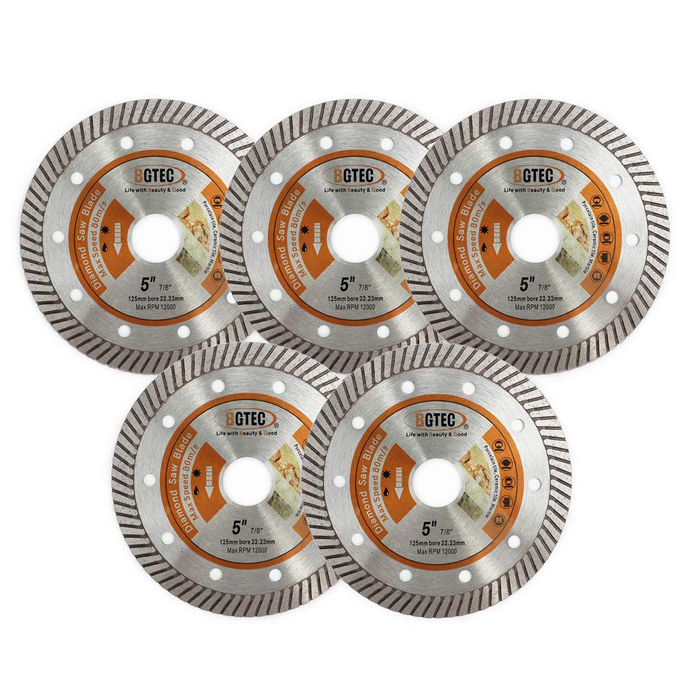 BGTEC Diamond Tile Blade,5pcs 5" Super Thin Turbo Rim Concrete Porcelain Saw Blade with 7/8" Arbor for Cutting Porcelain Tile Ceramic Granite Marble Hard Material Cutting Disc