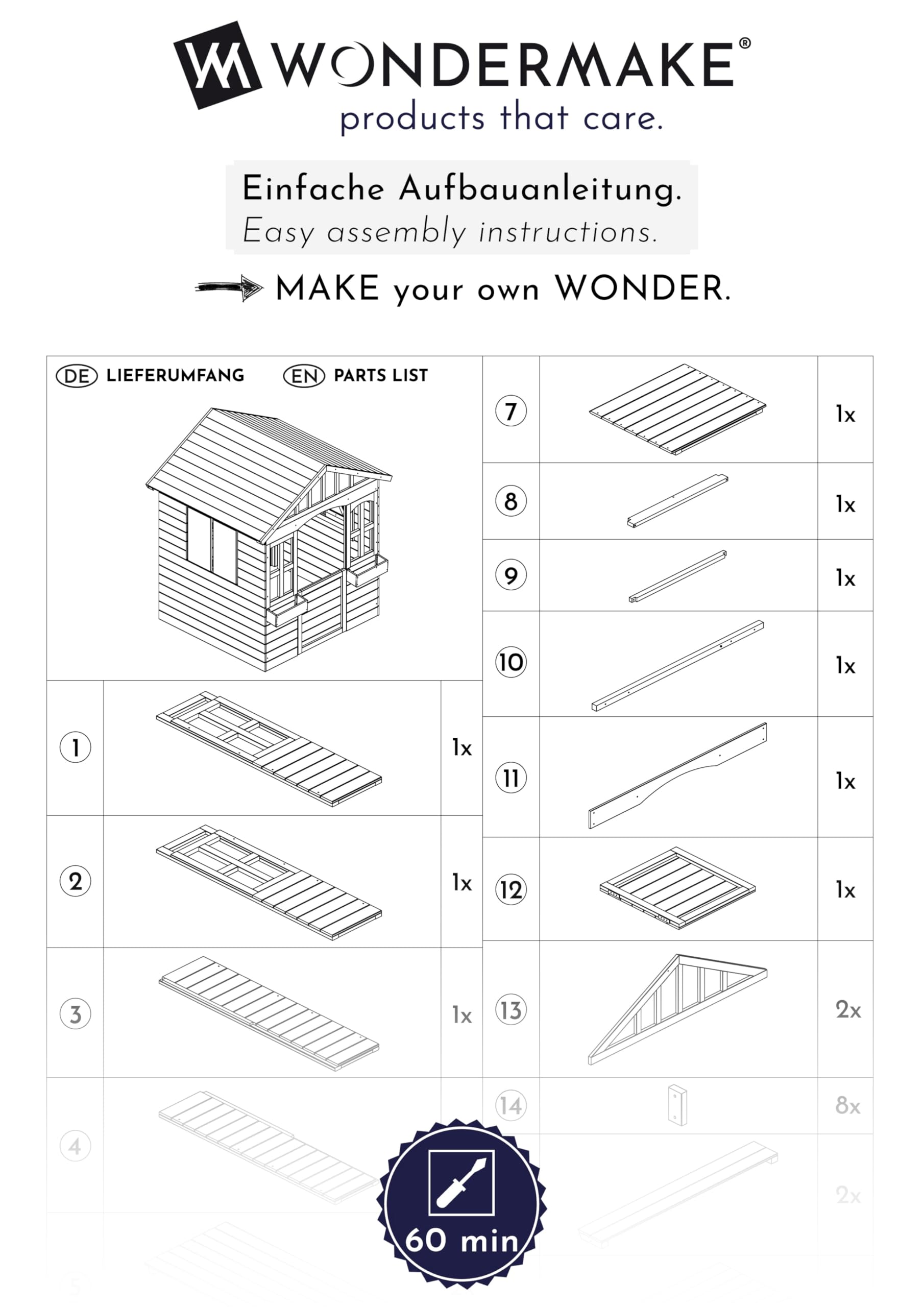 Design Kinder Spielhaus Holz mit 2 Pflanzkästen und magn. Tür + Fenster, Kinderspielhaus ab 3 Jahre Garten Outdoor draußen wetterfest klein hoch, Gartenhaus 115x101x130 cm, weiß grau bunt