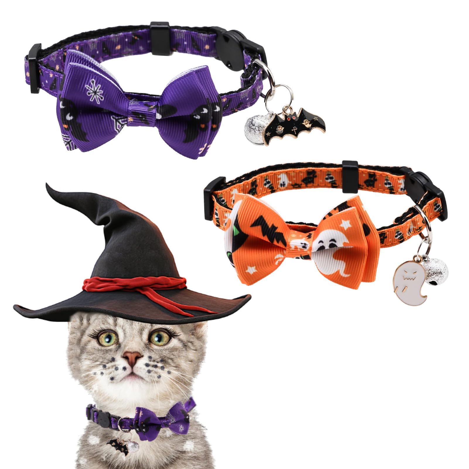 2PCS Halloween Cat Collar with Bell and Bow Tie