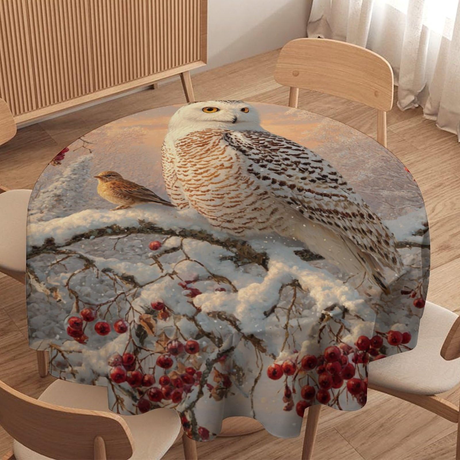 LUYYSKY Fantasy Watercolor Winter Owl Waterproof Round Tablecloth Classic Elegant Snowy Forest Landscape Animal Owl Washable Table Cover for Kitchen-91.4" Wx91.4 L cm