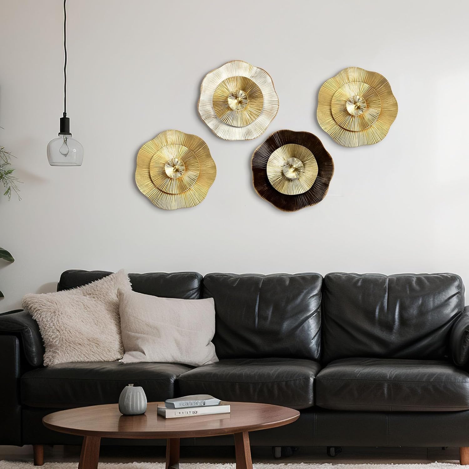 Shimeyao 4 Pcs 12 Inch Gold Wall Decor Metal Flower Plate Art Hanging Wall Decorations Modern Metai Decorations for Home Living Room Office Bedroom Bathroom Floral Sculpture