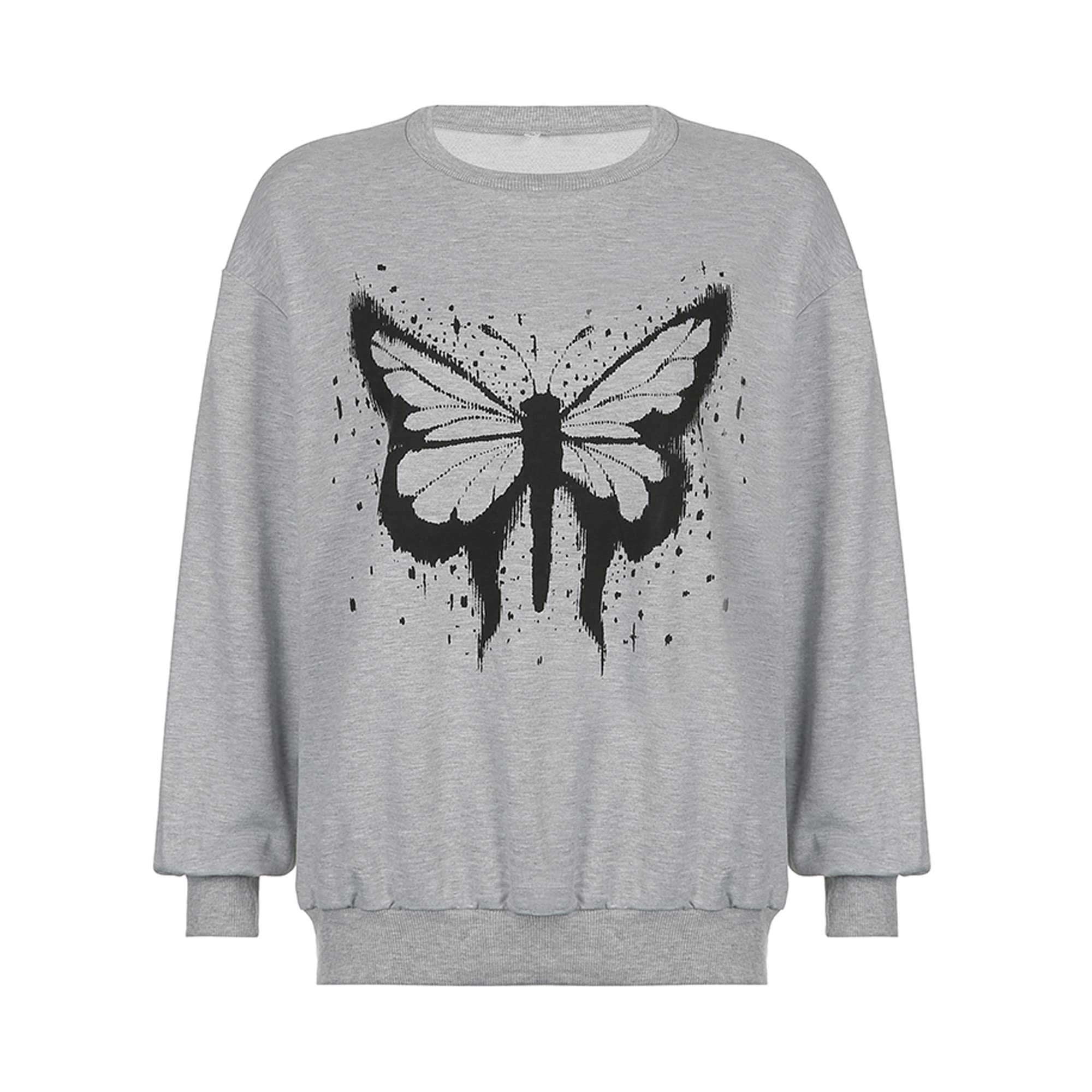 DRHYOWomen Oversize Crew Neck Print Pullover Sweatshirt, Fashion Butterfly Long Sleeve Shirts Clubwear Casual Tops