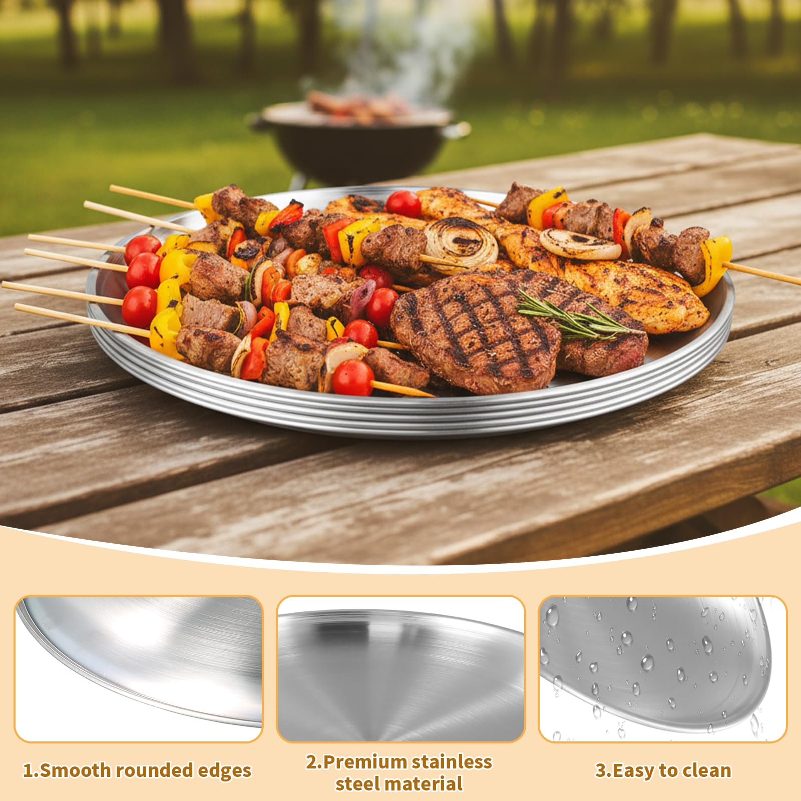 6 Pcs Piatti Piani, Piatto Pizza in Acciaio Inox 304 26cm, Fondo Piatto Ispessito, Piatti da Campeggio Riutilizzabili e Infrangibili, per Outdoor e Casa