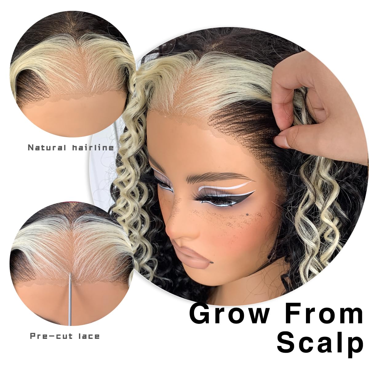 13x6 Skunk Stripe Curly Wig Wear And Go Glueless Synthetic HD Lace Front Afro Wig Pre-Plucked Pre-Cut Afro Curly Layered Wig