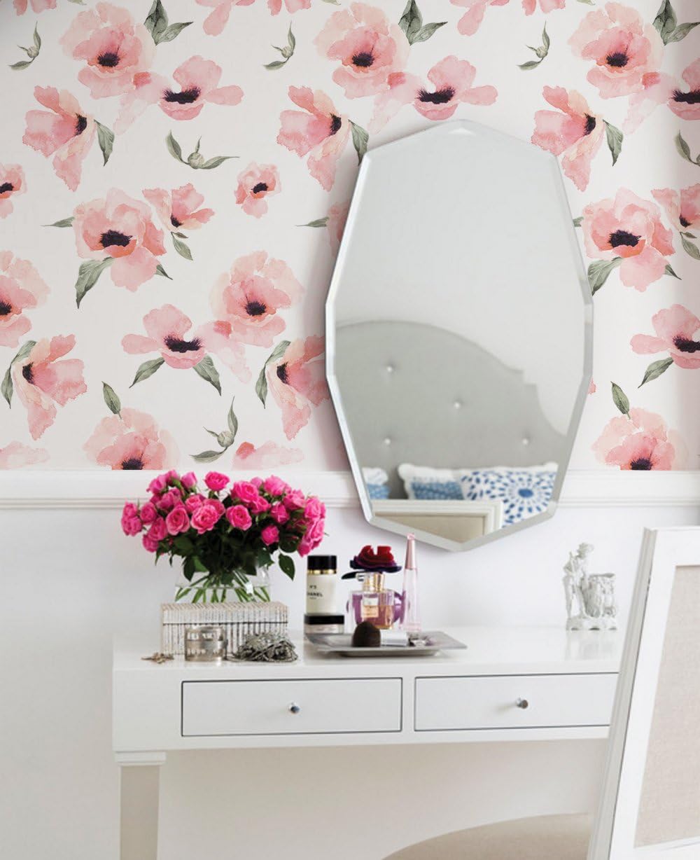 Simple Shapes Watercolor Poppy Flowers Wallpaper - Peel and Stick (6 Sheet Pack - 2ft x 9ft)