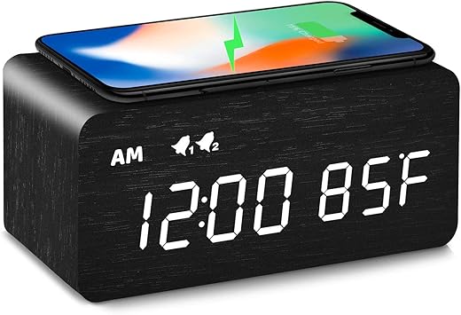 MOSITO Digital Wooden Alarm Clock with Wireless Charging, 0 100 % Dimmer, Dual Alarm catalog image