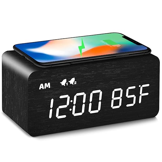 MOSITO Digital Wooden Alarm Clock with Wireless Charging, 0 100 % Dimmer, Dual Alarm product item
