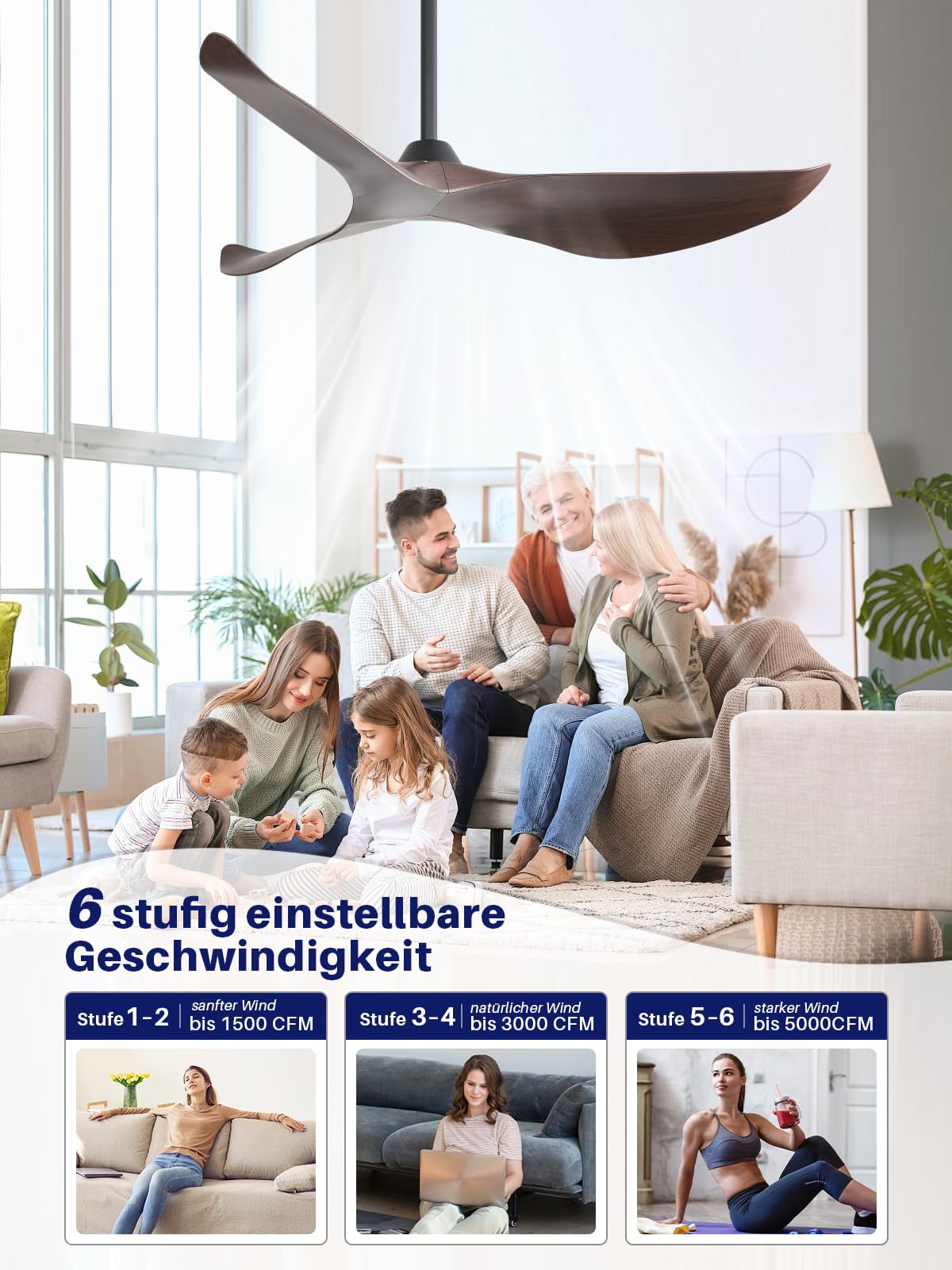 Sofucor Deckenventilator mit Fernbedienung,132cm Leise Deckenventilator ohne Licht, DC Motor, Timer, 3 Flügeln, 6 Geschwindigkeiten, Sommer Winterbetrieb für Schlafzimmer Wohnzimmer