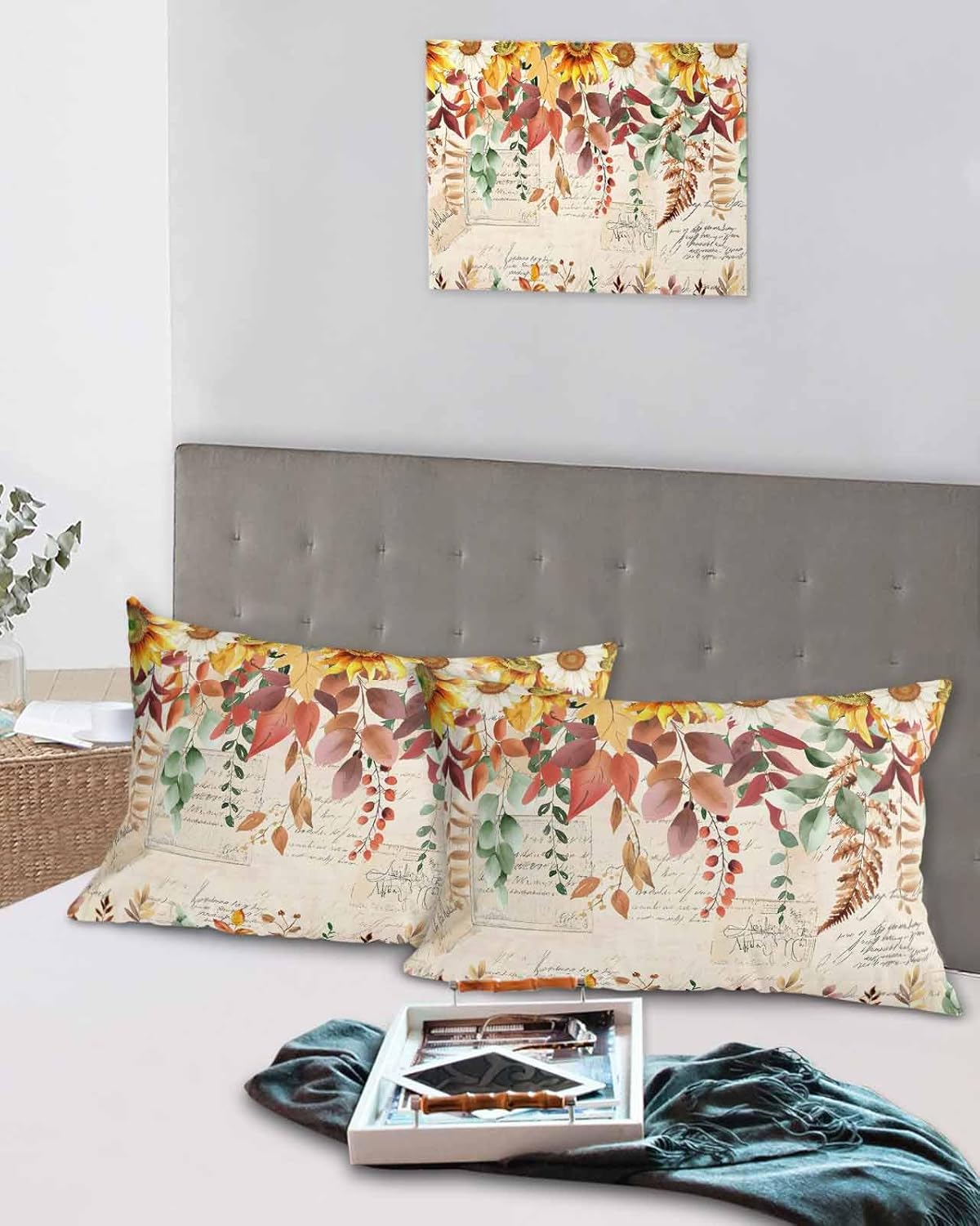 Fall Sunflower Pillow Covers Decorative Pillow Cases Queen Size Set of 2, Thanksgiving Autumn Eucalyptus Leaves Throw Pillow Cover Envelope Closure Pillow Sham Cover for Sofa 20x36 Inch