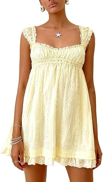 Womens Summer Babydoll Mini Dress Spaghetti Strap Sleeveless Party Short Y2k Swing Dresses A Line Sundress