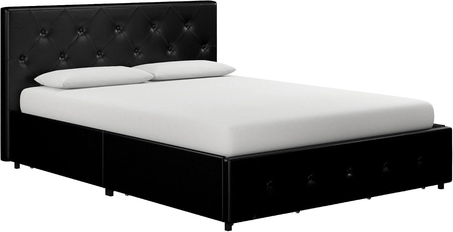 DHP Dakota Upholstered Platform Bed with Underbed Storage Drawers and Diamond Button Tufted Headboard and Footboard, No Box Spring Needed, Queen, Black Faux Leather