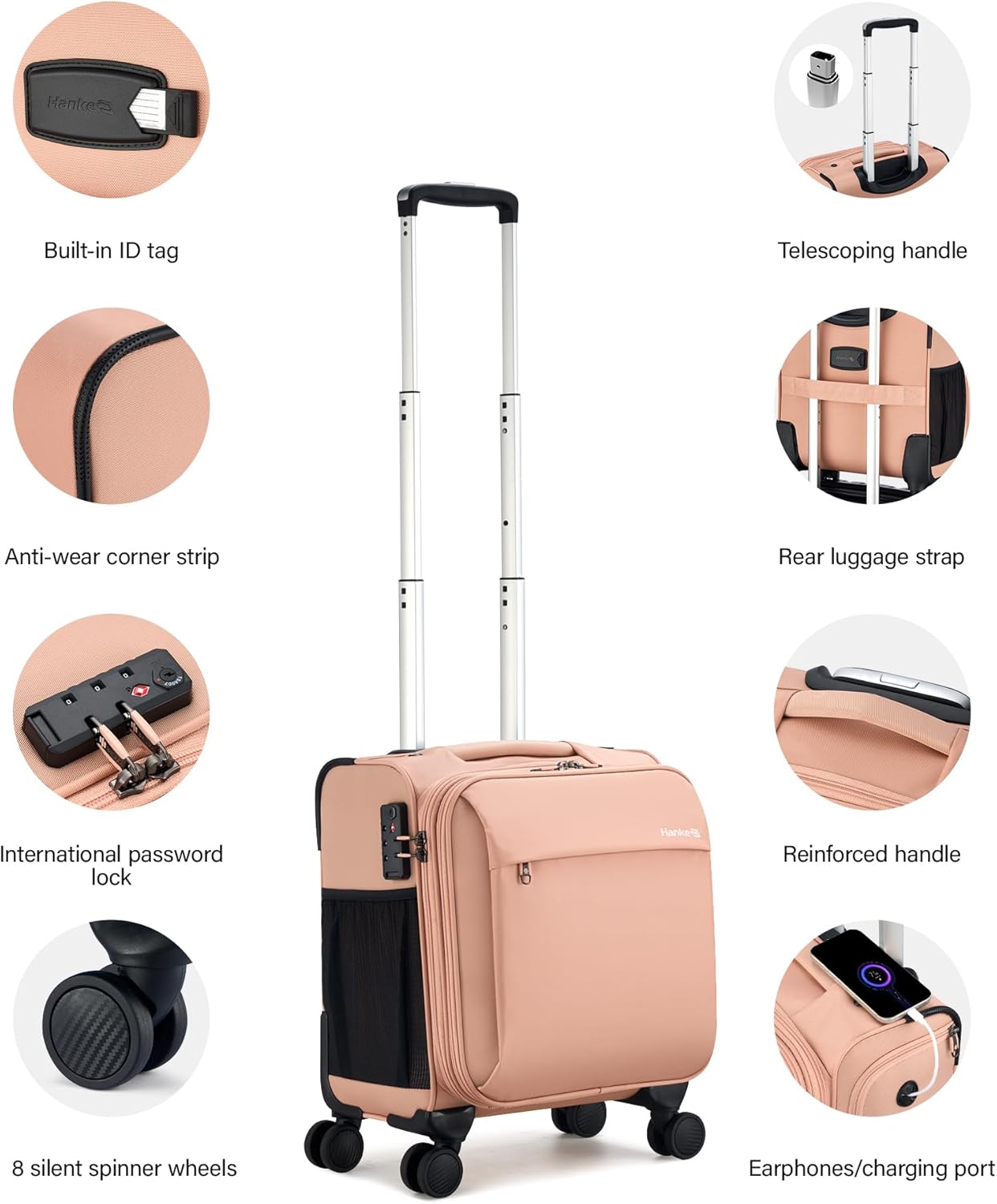 Hanke 16 Inch Underseat Carry On Luggage with Wheels Small Suitcase Softside Luggage Bags for Travel Lightweight Suitcases with Wheels Travel Luggage Personal Item for Men and Women(Pink) - Image 4