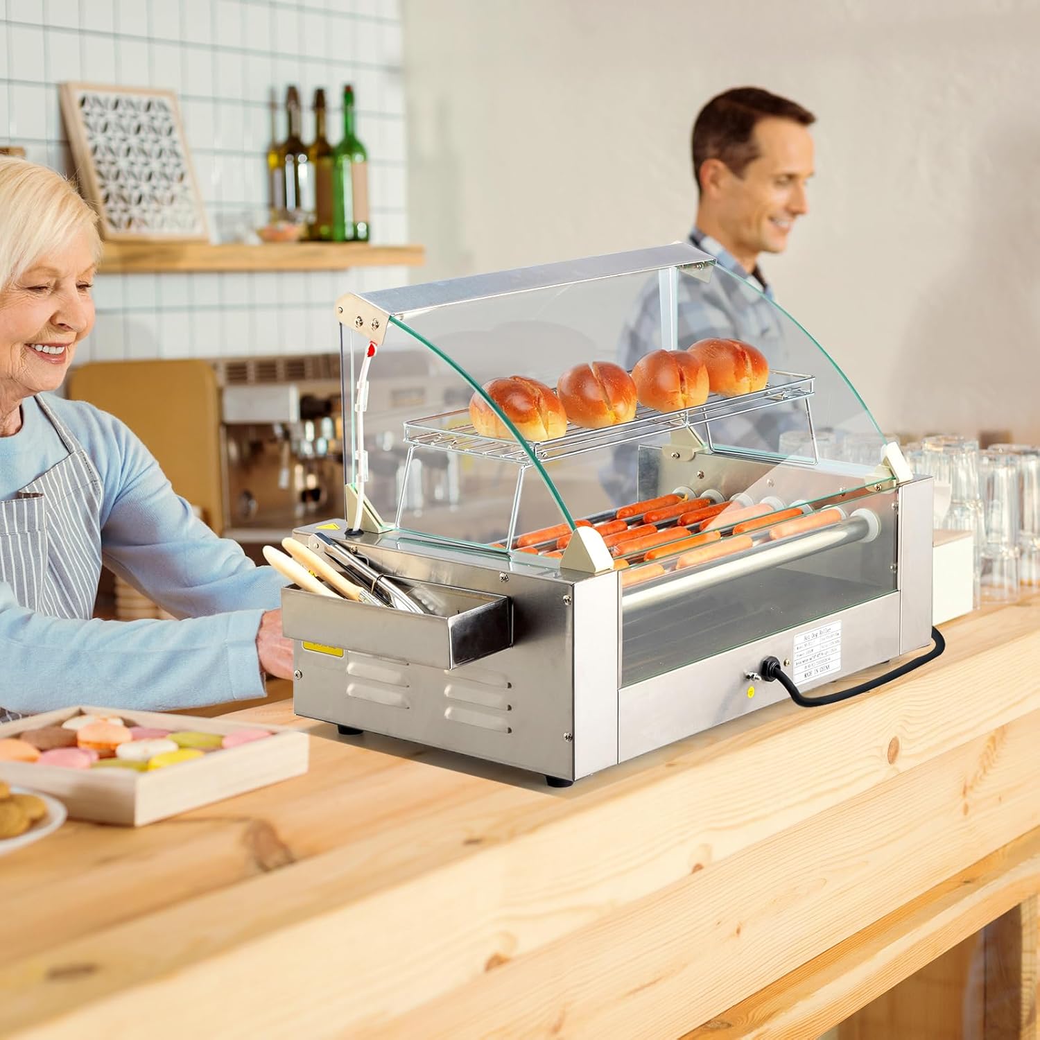 18 Hot Dog 7 Roller 1050W, Hot Dog Roller Grill Cooker Machine w/LED Lighting, Dual Temp Control, Cover, Removable Shelf & Drip Tray for Home Party Commercial ETL Certified