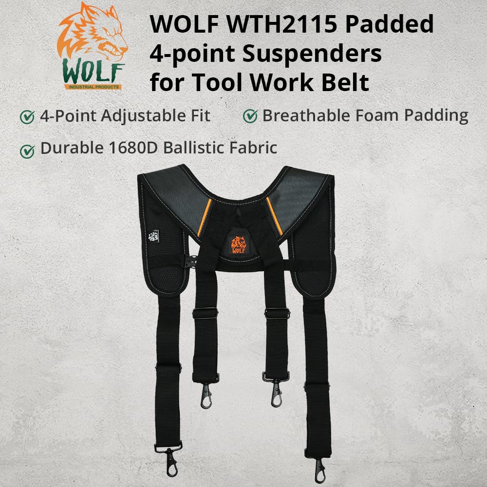 WOLF WTH2115 - Tirantes acolchados de 4 puntos para cinturón de trabajo de herramientas, universal, transpirable, cómodo, ligero, contratistas, manitas, alivio del dolor y el estrés, distribución del