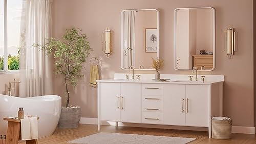 Miniatura 30 de TETOTE Espejo de 60 x 36 pulgadas para baño, espejo de tocador dorado de latón cepillado, espejo de pared grande rectangular con marco de metal Oro