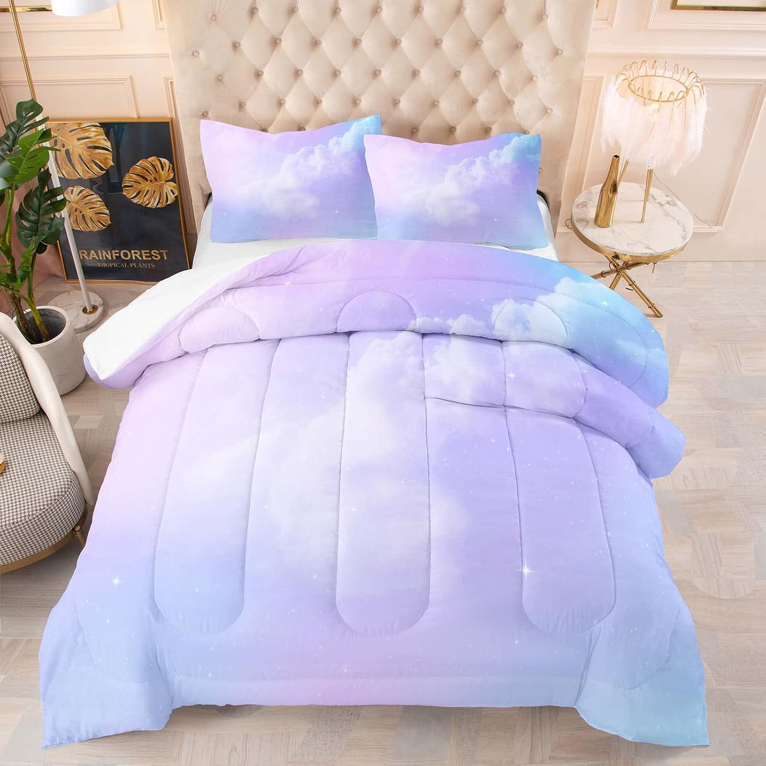 Pink Rainbow Comforter for Girls Boys Teens Women Dream Glitter Stars Bedding Set Queen Size with 1 Comforter Matching 2 Pillowcases