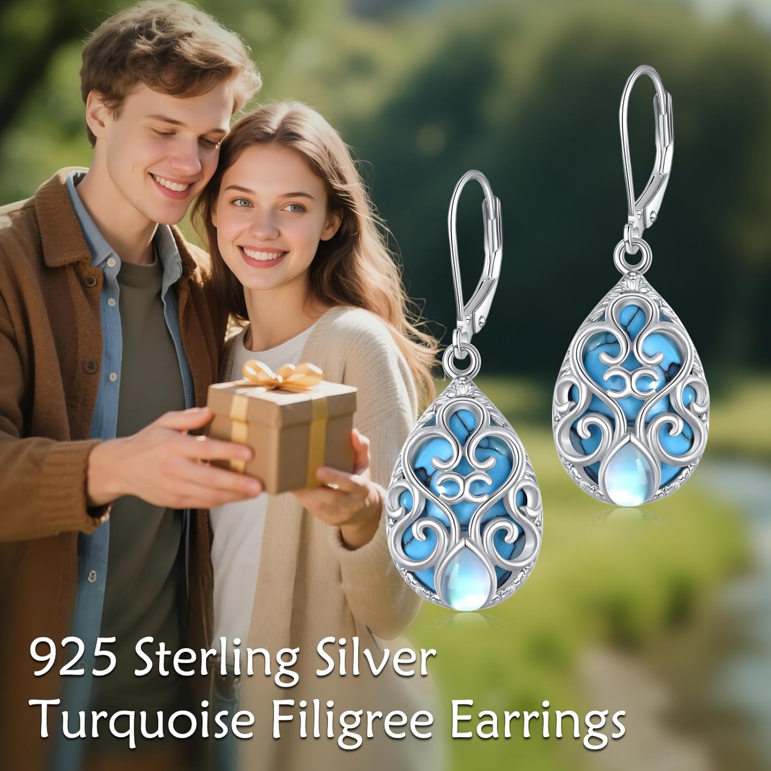 Turquoise Earrings 925 Sterling Silver Moonstone Filigree Earrings Jewelry Birthday Gift for Women - Image 6