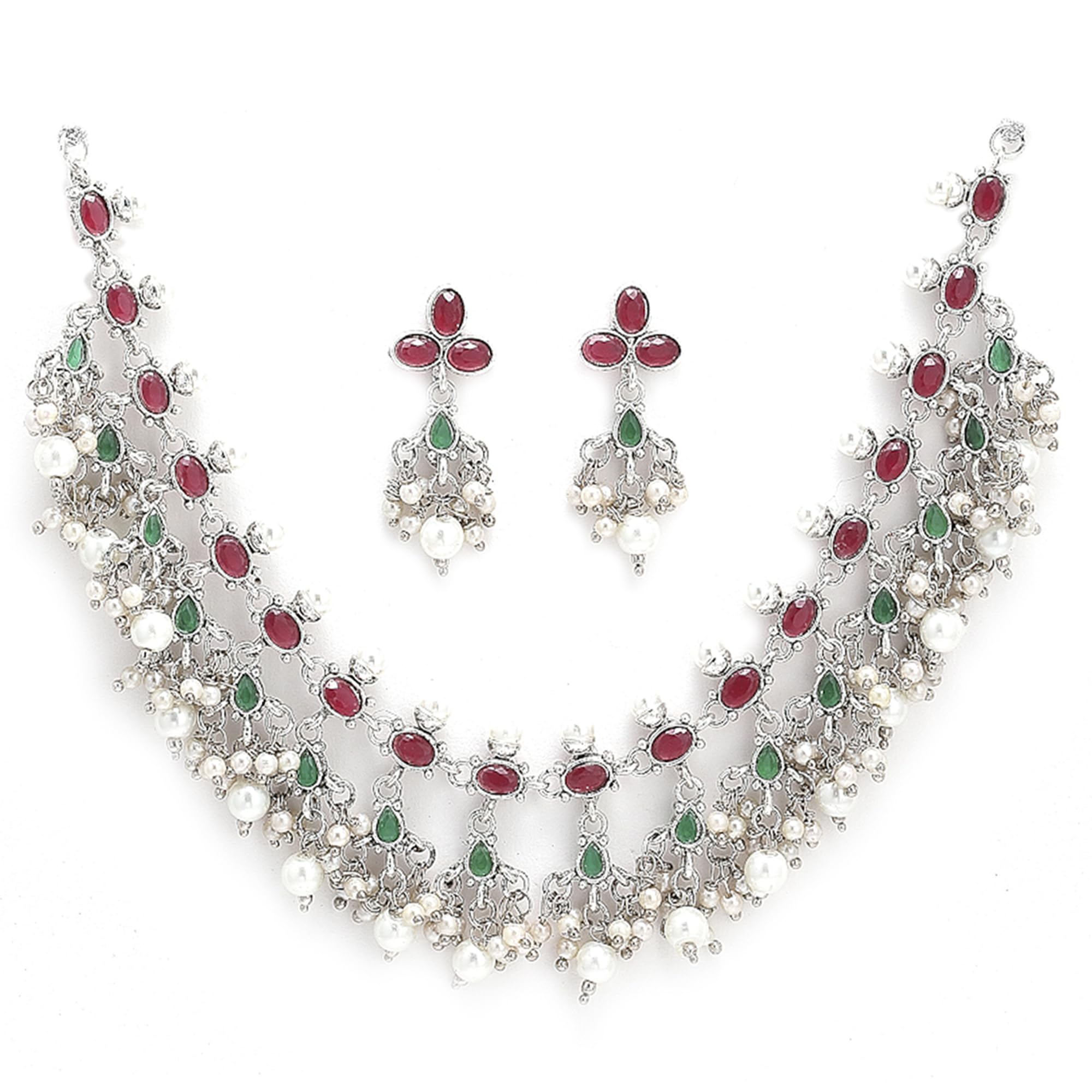 ZENEME Fashion Jewellery Antique Oxidised Silver Plated Tribal Pink Silver-Plated AD Studded Pearl Necklace With Earrings Jewellery For Women & Girls (Style 8) (B09V2YNZB3) Amazon Price History, Amazon Price Tracker