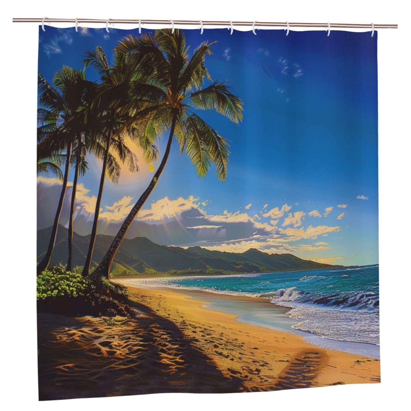 BWWHCCTI hawaii beach Printed Shower Curtain With 12 Plastic Hooks Opaque Quick Drying Waterproof Shower Curtains Sets For Bathroom 183x183 CM
