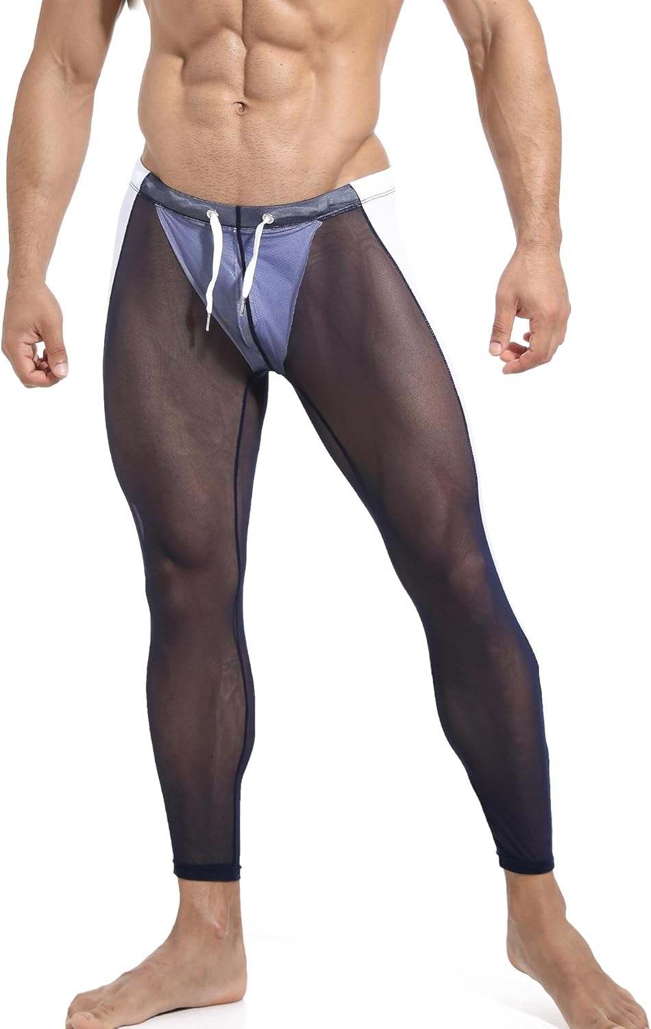 FEOYA メンズ メッシュ ヨガパンツ シースルー タイトレギンス ドラストリング ストレッチ カプリス スポーツ シェイプウェア