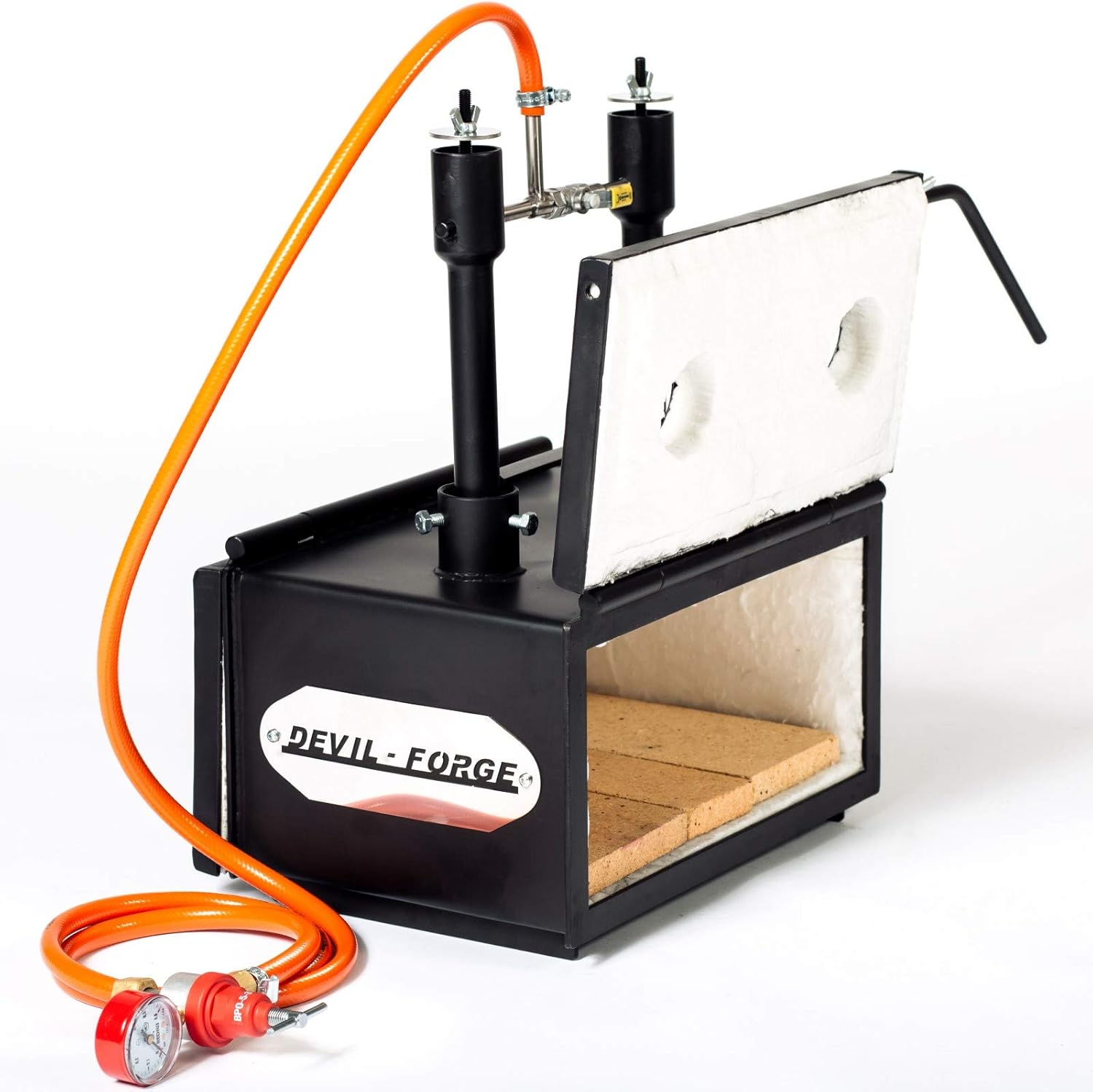 DEVIL-FORGE Farrier Gas Propane Forge DFHS2+2D/5.2”, 2 Burners DFP (160.000 BTU) use 1 or 2, Gas Ball Valve, Air Choke, 2 Doors, Horseshoe Makers, Knife Making, Blacksmith, 2500°F / 1370°C, high 5.2"