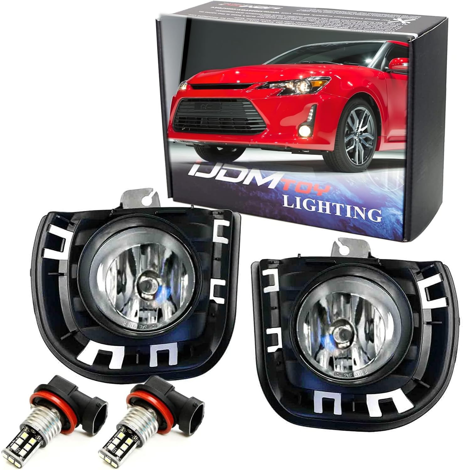 iJDMTOY Complete Set Fog Lights Foglamps w/Xenon White H11 15-SMD LED Bulbs, Garnish Covers, Wiring On/Off Switch Compatible With 2014-2016 Scion tC