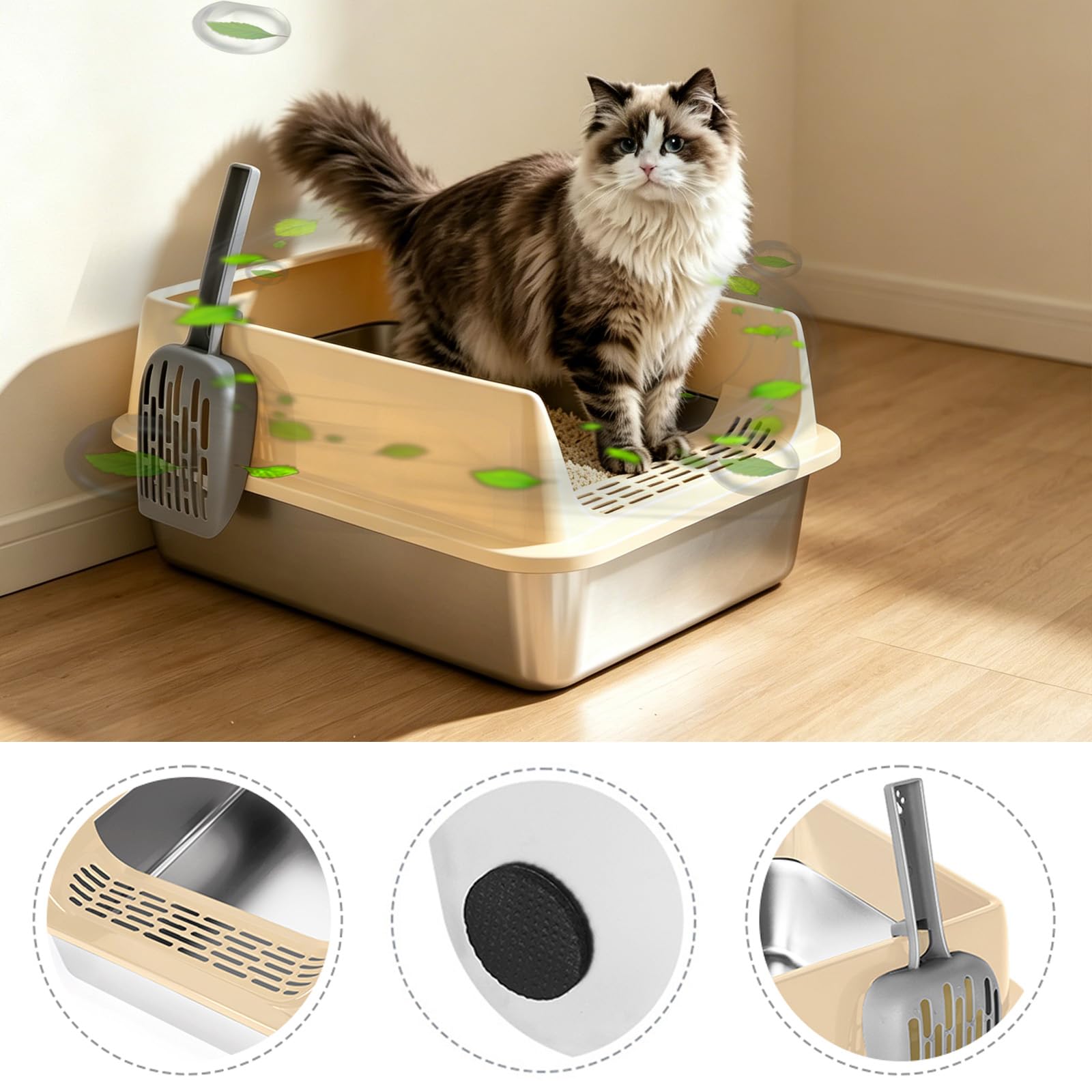 Bac Litière INOX XXL, Grande Litière pour Chat Bord Haut 30cm Anti-Projection, Toilette Chat Métal Ouverte avec Pelle et Pédale, Facile à Nettoyer, Kaki (60x40x30cm)