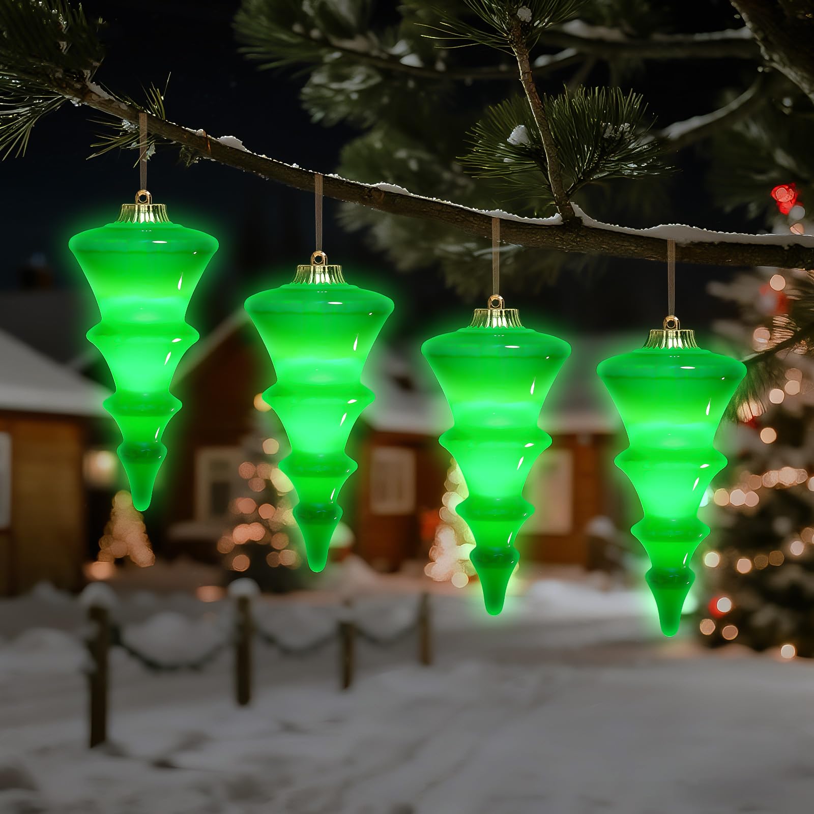 Lanpn 4 Pcs 30cm Outdoor LED Baubles, Large Christmas Tree Shaped Bulb, Xmas Battery Powered Ball Lights Decor with Dark Sensor, Christmas Lighted Ornaments for Lawn Garden Yard Patio, Green