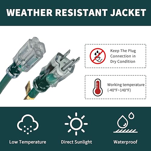 Miniatura 7 de Cable de extensión de 30 pies con iluminación navideña de 163 para exteriores, calibre 16, 3 clavijas, cable de extensión verde SJTW con enchufe de