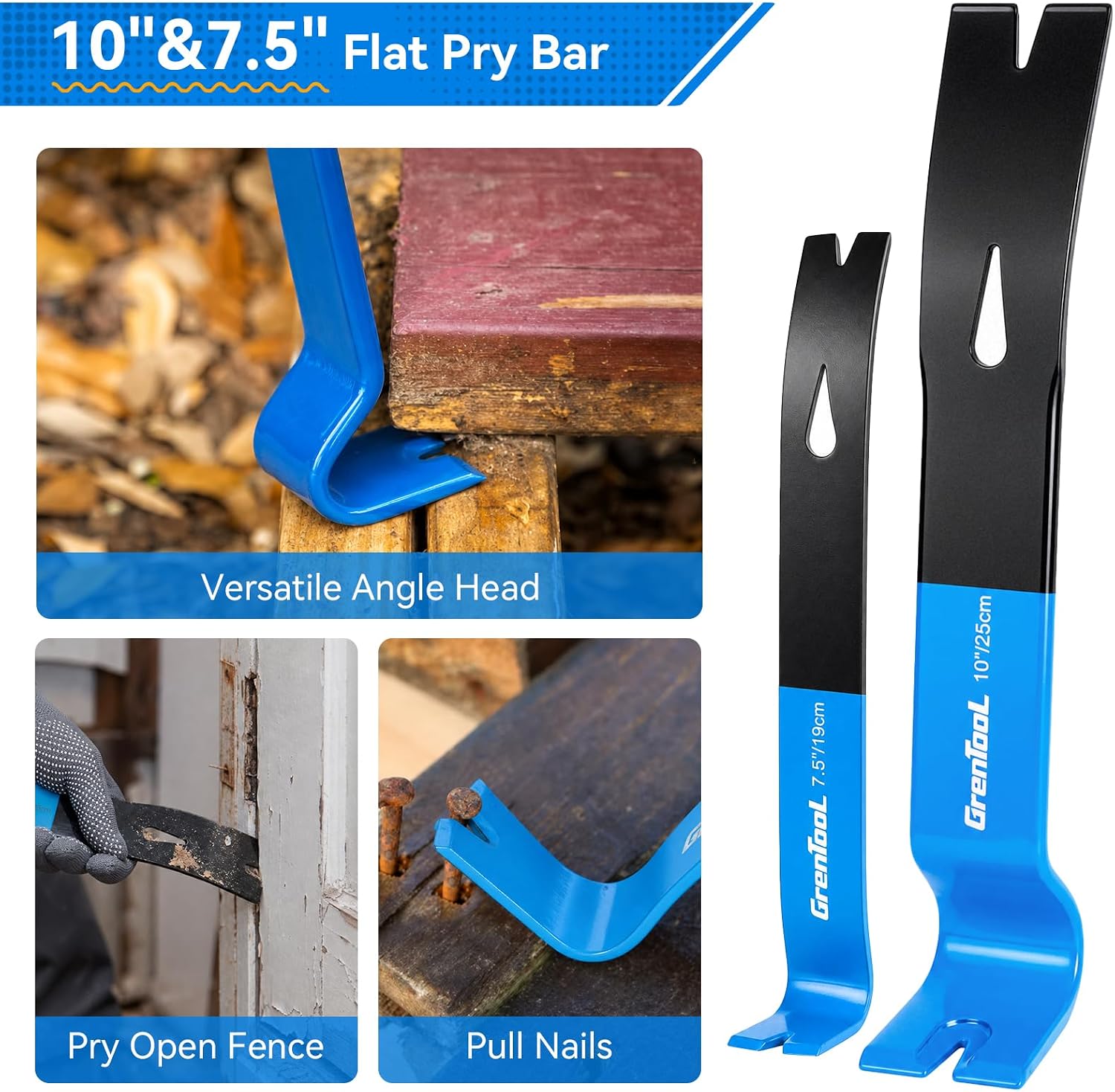 4-Piece Flat Pry Bar Set - 15/10/7.5/5.5in Heavy Duty & Mini Pry Bar, Nail Puller Crowbar, Wonder Bar, High-Carbon Steel, with Gloves - for Home Remodeling, Woodworking, Demolition