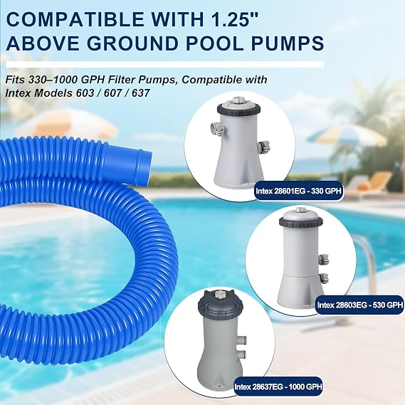Pool Pump Replacement Hose, 1.25 x 41 Inch Pool Hose for Above Ground Pools Compatible with In-tex 603/607/637, Coleman & Krystal Clear Filter Pumps with 6pcs Hose Clamps (3 Set)