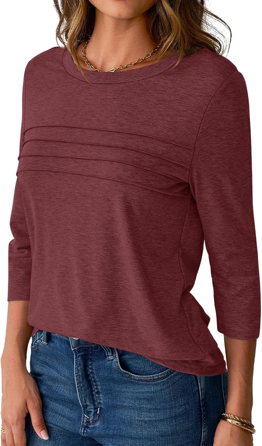 NORACORA Women's 3/4 Length Sleeve Tops Lightweight Crew Neck Dressy Pleated Tunic T Shirts Casual Summer Blouses 2025 - Image 3