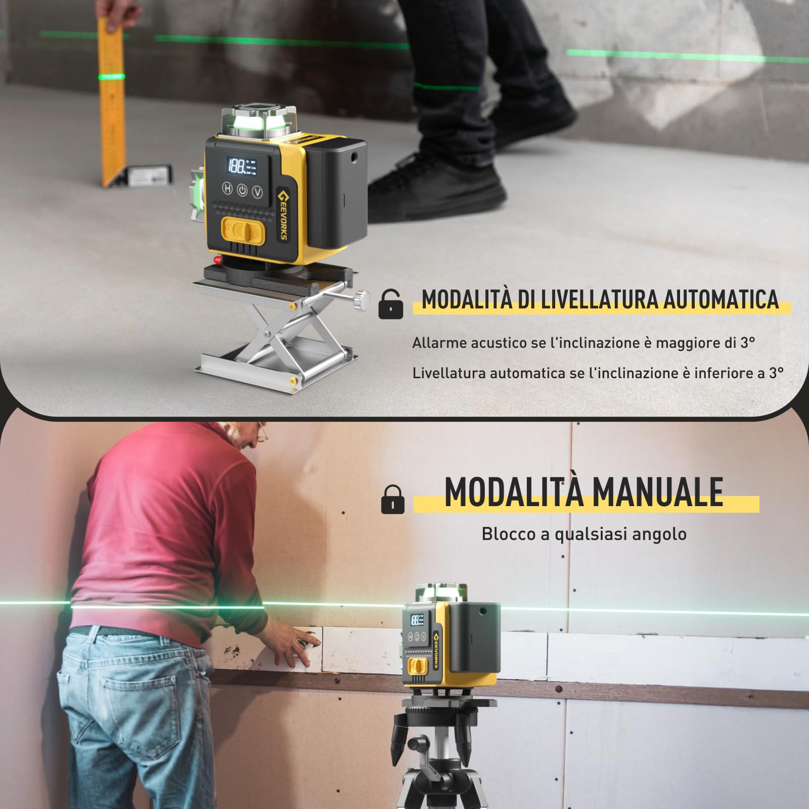 Livella Laser Autolivellante 4 X 360°,16 Linee livella laser Verder con Display Digitale a LED, con 2x2400mAh Batterie,Incluso Treppiedi 1.2m,Telecomando e Valigetta Inclusi