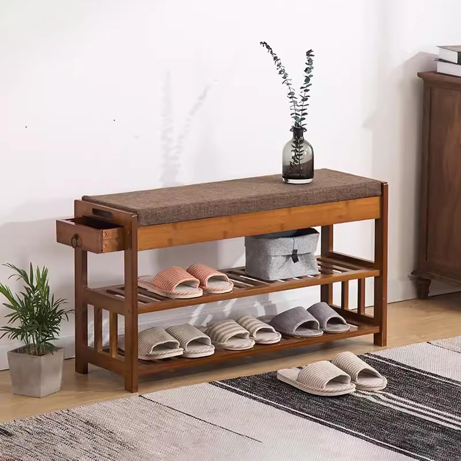 Ława Do Przechowywania Butów Z Poduszką I Szufladą, 3-Poziomowy Organizer Na Buty Do Przedpokoju, Korytarza, Salonu, Łazienki, Brązowy, Brązowy, 90 X 29 X 49 Cm